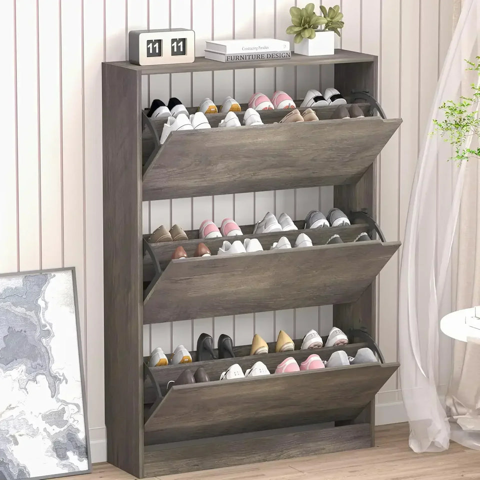 Armoire à chaussures en bois cachée, armoire à chaussures autoportante, armoire de rangement à chaussures blanche, armoire d'entrée et de couloir, 3 fermetures à rabat