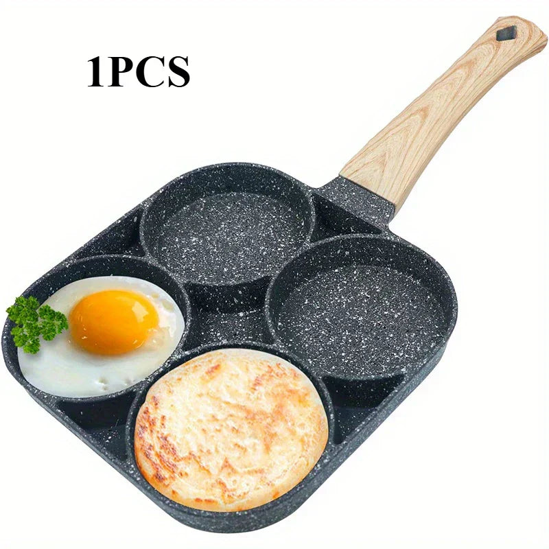 Poêle antiadhésive à quatre trous, en marmite - idéale pour la cuisine du petit déjeuner familial.