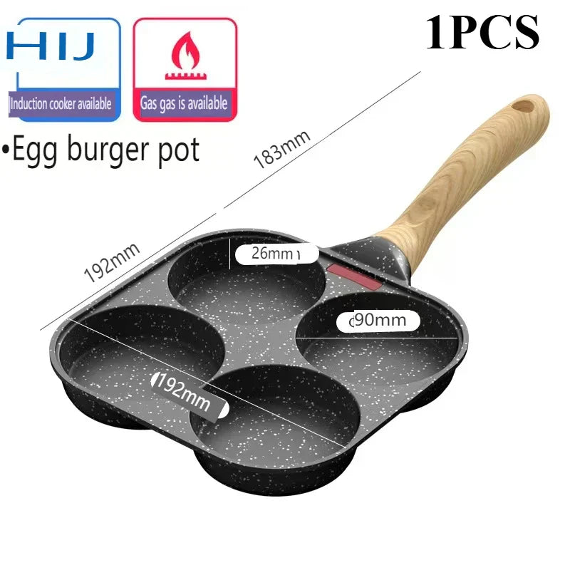 Poêle antiadhésive à quatre trous, en marmite - idéale pour la cuisine du petit déjeuner familial.
