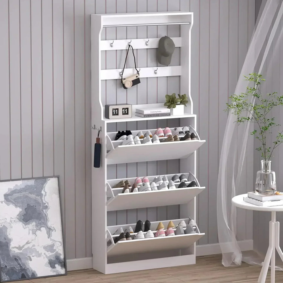Armoire à chaussures en bois cachée, armoire à chaussures autoportante, armoire de rangement à chaussures blanche, armoire d'entrée et de couloir, 3 fermetures à rabat