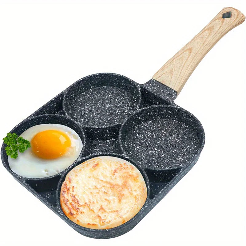 Poêle antiadhésive à quatre trous, en marmite - idéale pour la cuisine du petit déjeuner familial.