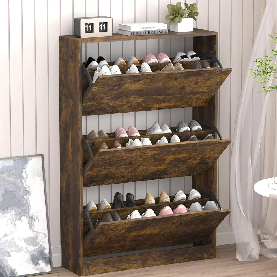 Armoire à chaussures en bois cachée, armoire à chaussures autoportante, armoire de rangement à chaussures blanche, armoire d'entrée et de couloir, 3 fermetures à rabat