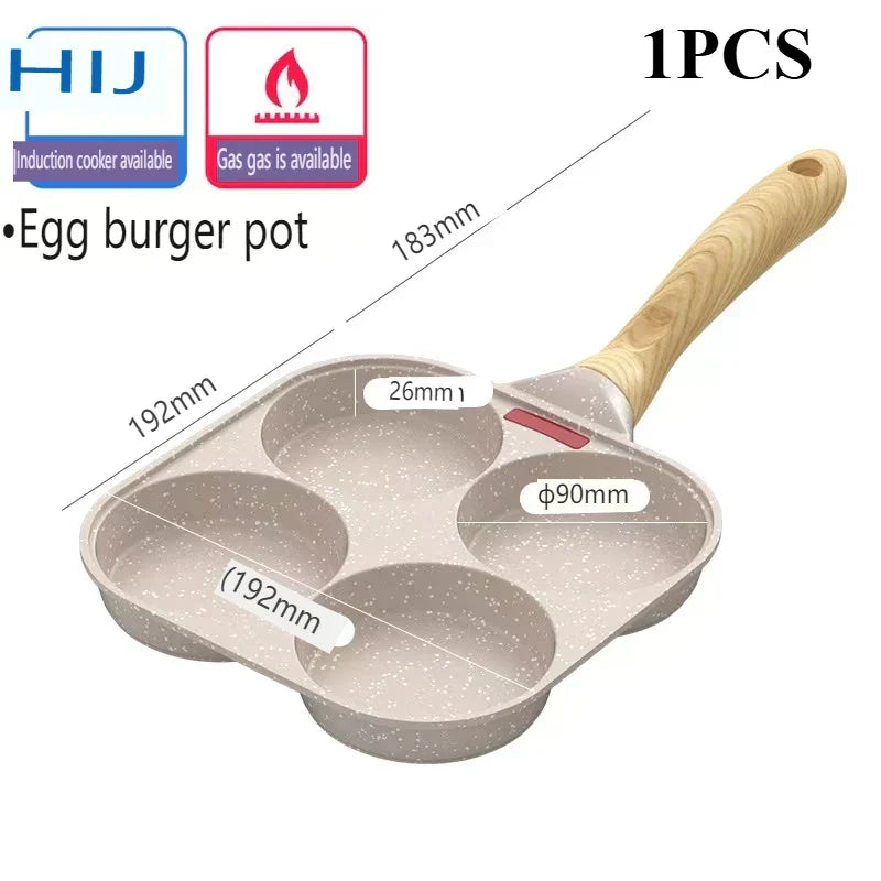 Poêle antiadhésive à quatre trous, en marmite - idéale pour la cuisine du petit déjeuner familial.